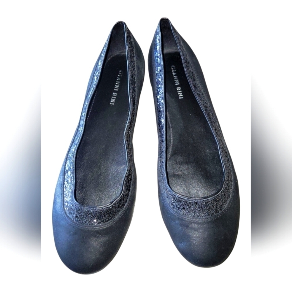 Gianni Bini Black Rhinestone Detail Women's Leather Ballet Flats Sz 8 1/2 M